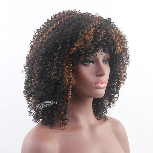 19" Kinky curly afro wig synthetic hair black with yellow highlight