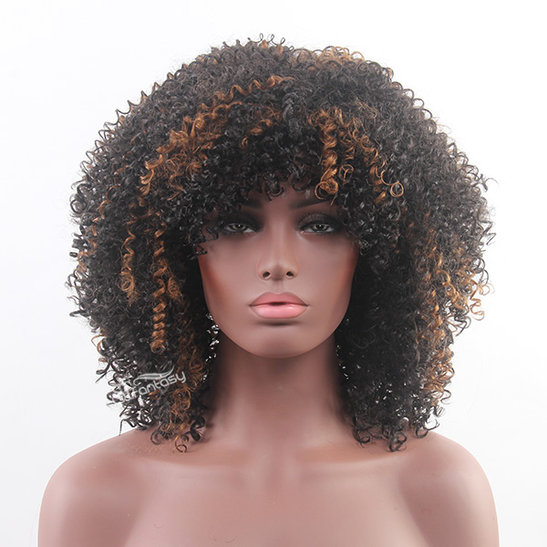 19" Kinky curly afro wig synthetic hair black with yellow highlight