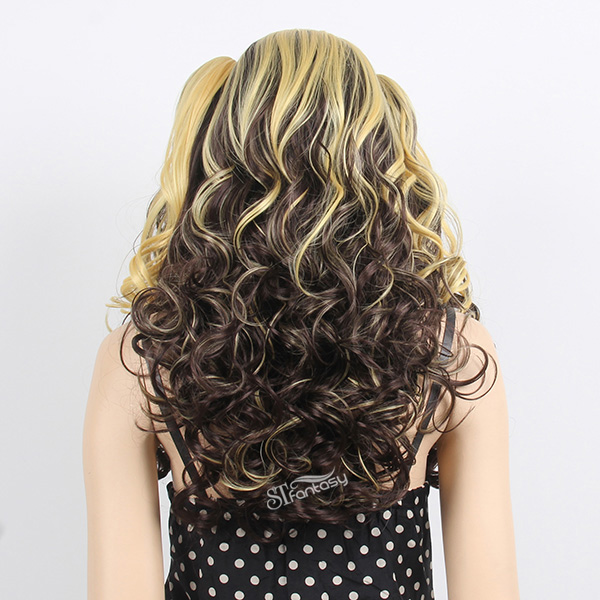 Long curly two tone color clip on ponytail cosplay hair wig