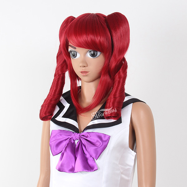 Red curly Japanese anime cosplay wig with two clip on ponytails