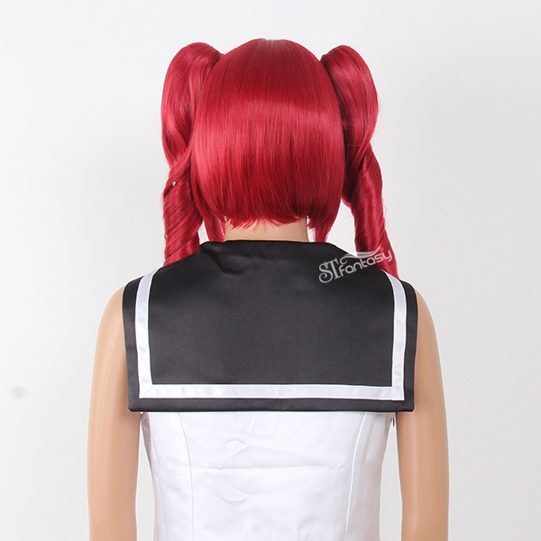 Red curly Japanese anime cosplay wig with two clip on ponytails