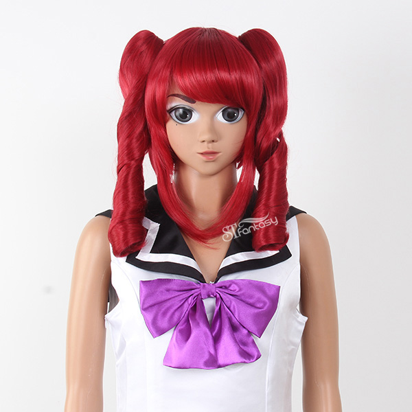 Red curly Japanese anime cosplay wig with two clip on ponytails