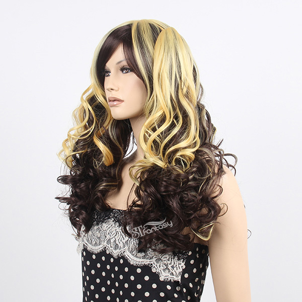 Long curly two tone color clip on ponytail cosplay hair wig