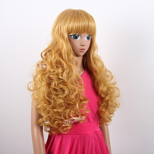 27" long curly yellow synthetic high temperature fiber japanese cosplay wig
