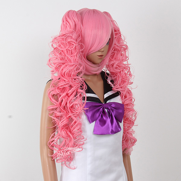 Long curly japanese pink cosplay wigs with a pair of ponytails