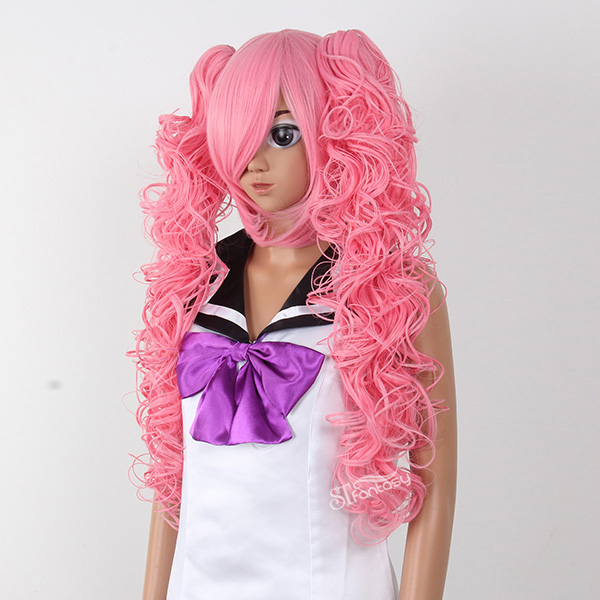 Long curly japanese pink cosplay wigs with a pair of ponytails