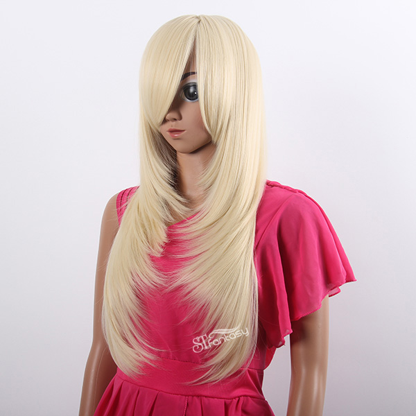 Long straight blonde multilayered wig for japanese anime cosplay