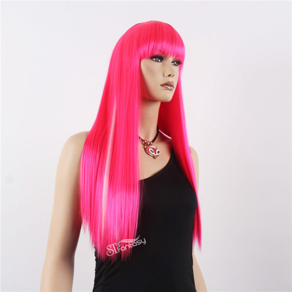 26" long straight high temperature party wig pink color with white highlight