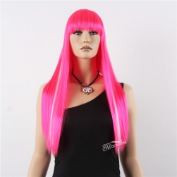 26" long straight high temperature party wig pink color with white highlight