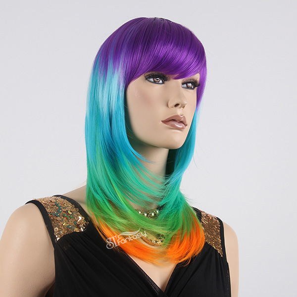 21" colorful layered rainbow wig for crazy party with high temperature fiber