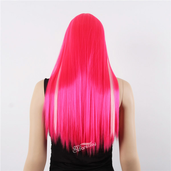 26" long straight high temperature party wig pink color with white highlight