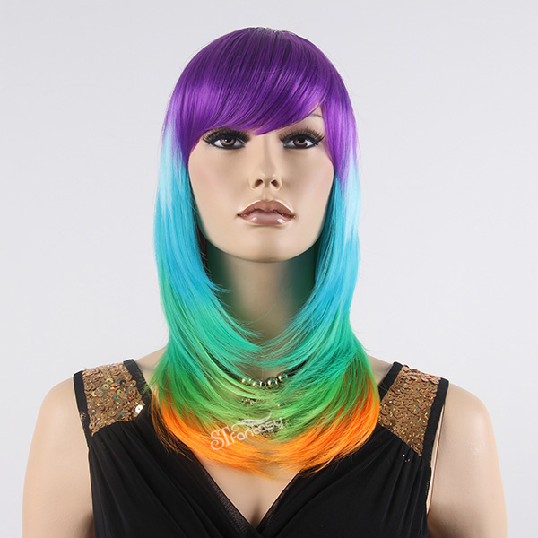 21" colorful layered rainbow wig for crazy party with high temperature fiber