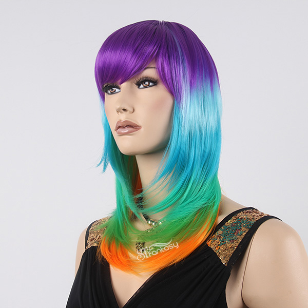 21" colorful layered rainbow wig for crazy party with high temperature fiber