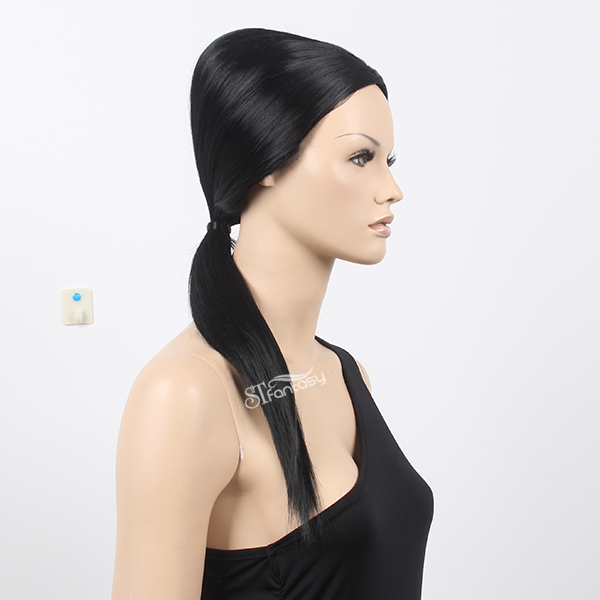 Black straight synthetic hair mannequin wig with ponytail in back
