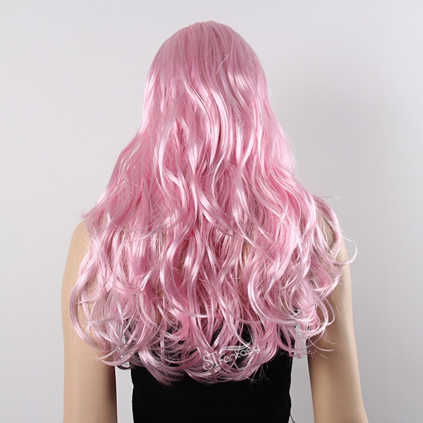 Long curly shiny pink wig with high temperature fiber for party