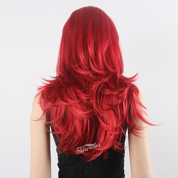 24" Long curly hot red middel part synthetic hair wig for party 220g