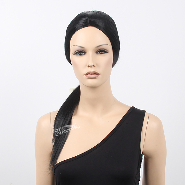 Black straight synthetic hair mannequin wig with ponytail in back