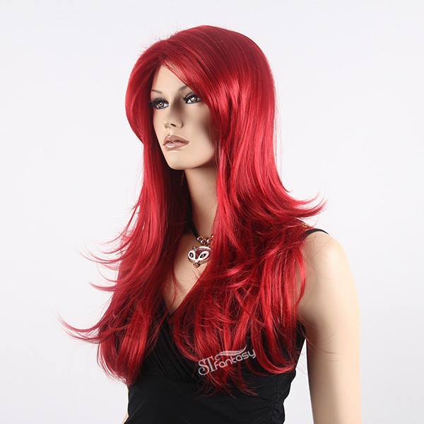 24" Long curly hot red middel part synthetic hair wig for party 220g