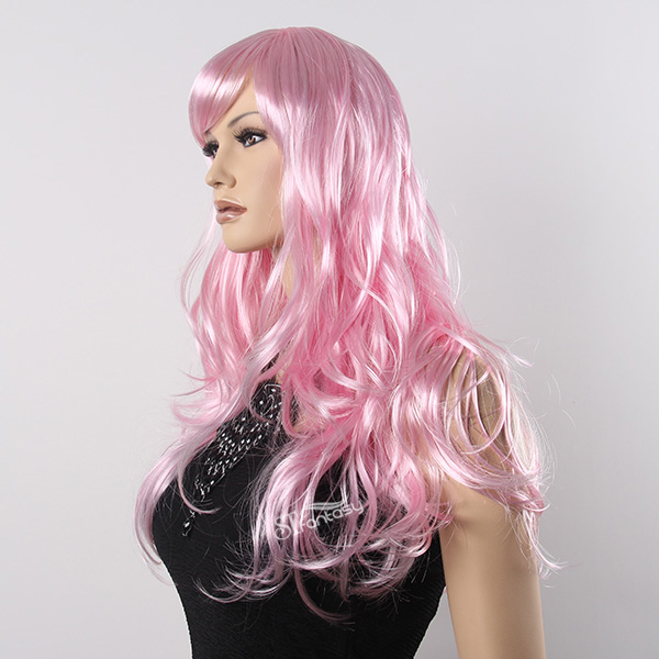 Long curly shiny pink wig with high temperature fiber for party