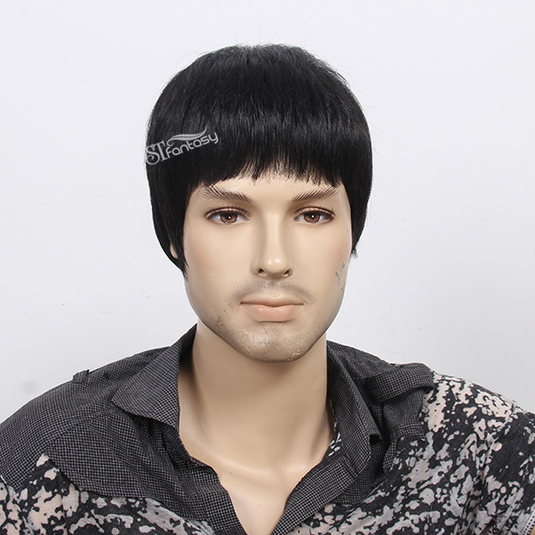 Wholesale 12" black short men artificial hair wig with imported fiber from japan
