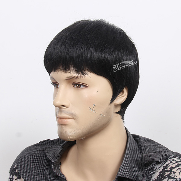 Wholesale 12" black short men artificial hair wig with imported fiber from japan