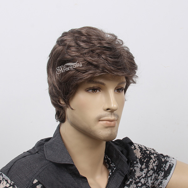 Short curly ash brown artificial hair wig for men
