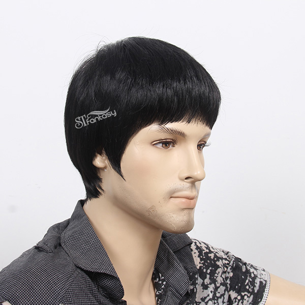 Wholesale 12" black short men artificial hair wig with imported fiber from japan