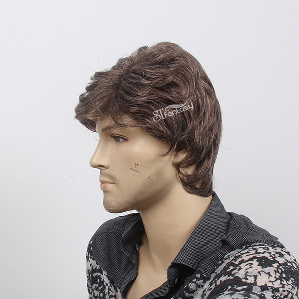 Short curly ash brown artificial hair wig for men