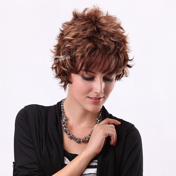 12.5" natural brown short curly synthetic wigs for women