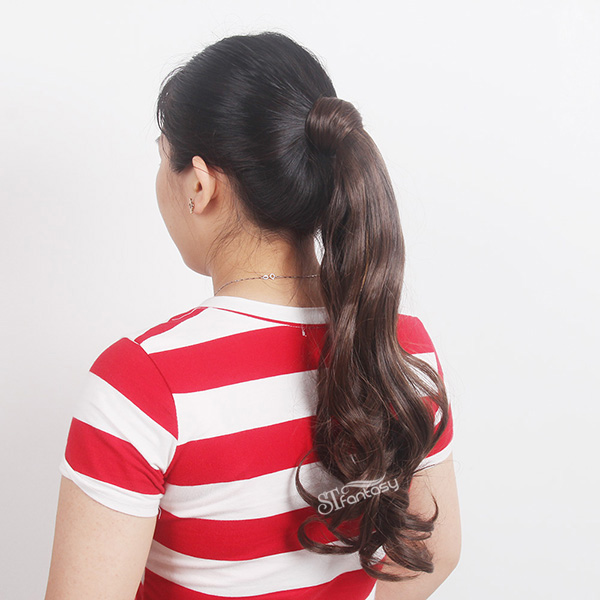 Long curly brown synthetic hair ponytail with synthetic hair holder