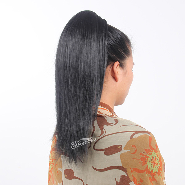 Guangzhou synthetic hair extension factory wholesale 50cm silky straight black hair ponytails