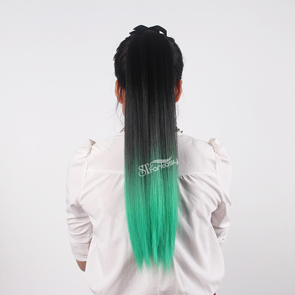 ST wholesale synthetic hair straight black ombre green long ponytails