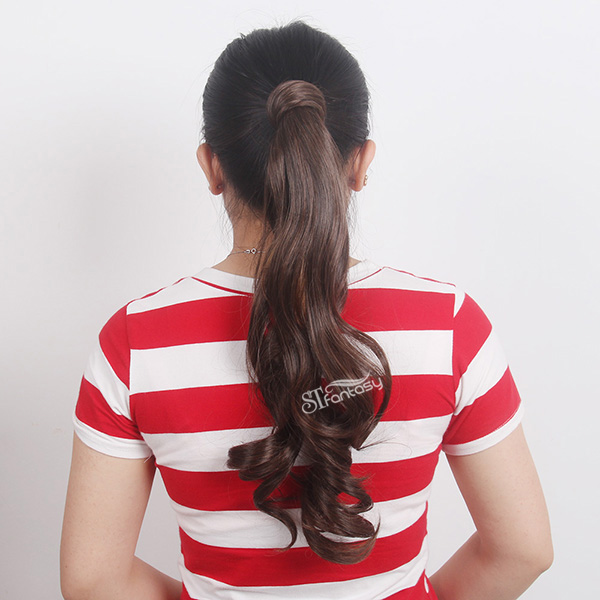 Long curly brown synthetic hair ponytail with synthetic hair holder