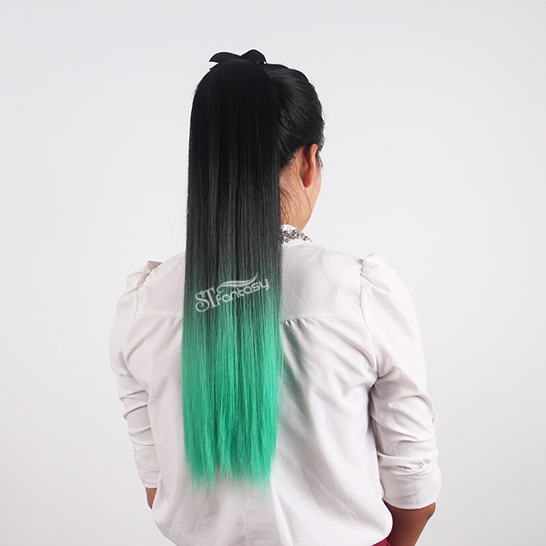 ST wholesale synthetic hair straight black ombre green long ponytails