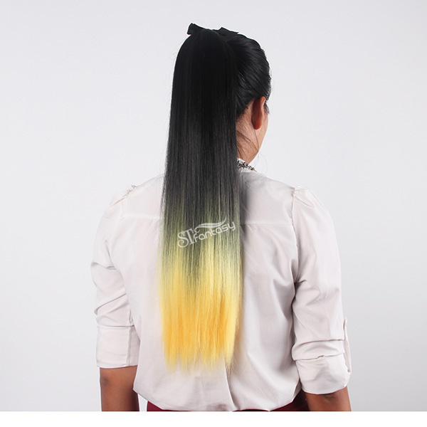 ST wholesale long straight black ombre yellow synthetic hair ponytaile with string