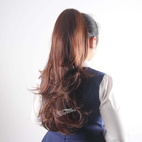 China synthetic hair extension wholesale long natural curl brown fake hair ponytials