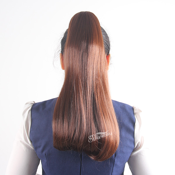 China synthetic hair extension wholesale long natural curl brown fake hair ponytials