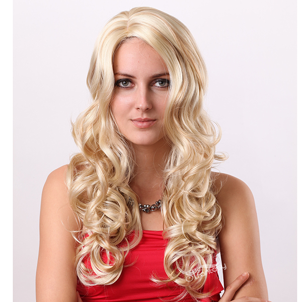 China wigs manufacturer hot sale long blonde curly synthetic fake wigs for white women