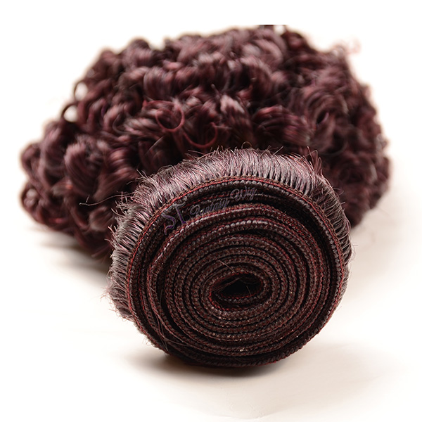 China human hair extension vendor wholesale kinky curly remy human hair weft in burgundy color