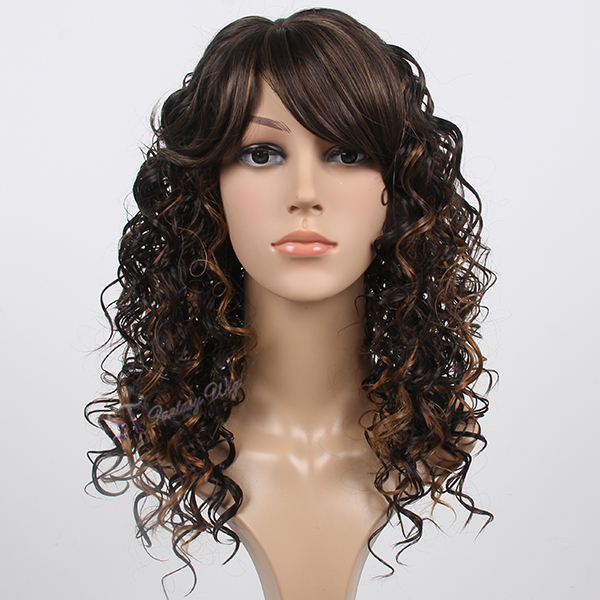 Long curly ombre brown natural scalp syntheitc wigs for German women