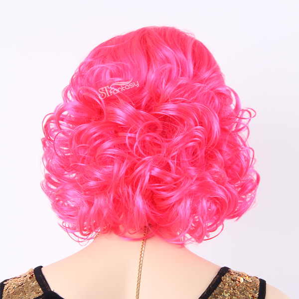 Shoulder-length pink syntheitc curly wigs with bangs for party