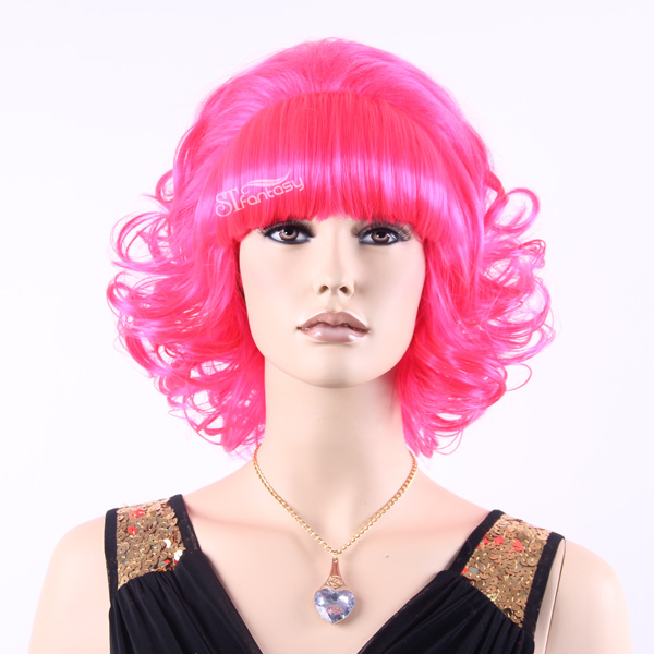 Shoulder-length pink syntheitc curly wigs with bangs for party