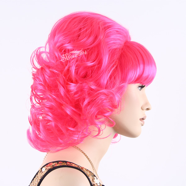Shoulder-length pink syntheitc curly wigs with bangs for party