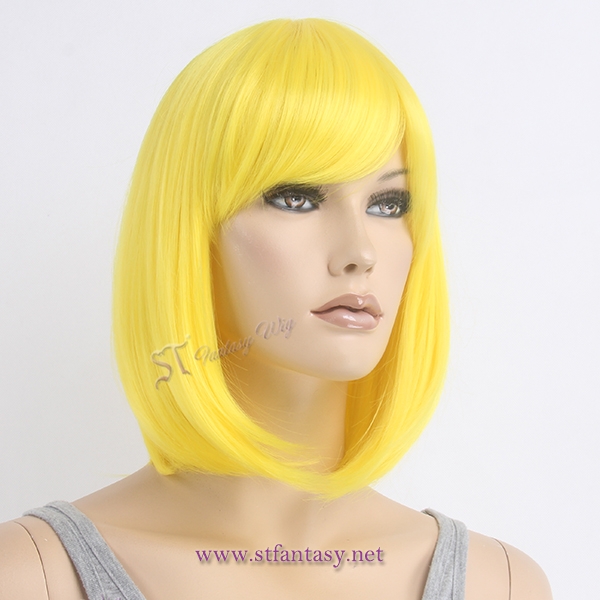 Short bob wigs yellow colour women party wigs supplier