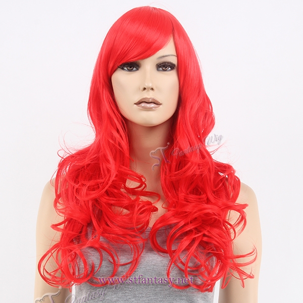 Curling long chinese red Heat Resistant Synthetic wigs for party