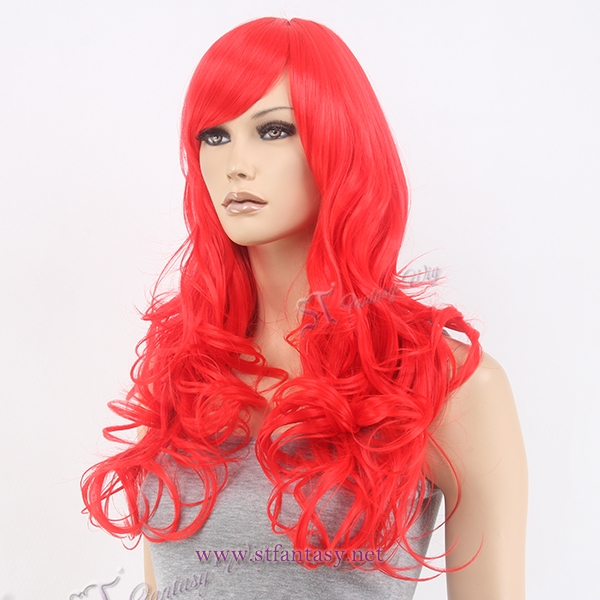 Curling long chinese red Heat Resistant Synthetic wigs for party