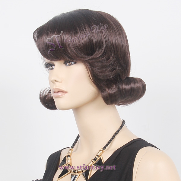 1920s Style 12inches Short Dark Brown Flame Resistant Synthetic Wig For Women With Side Bang Wholesale
