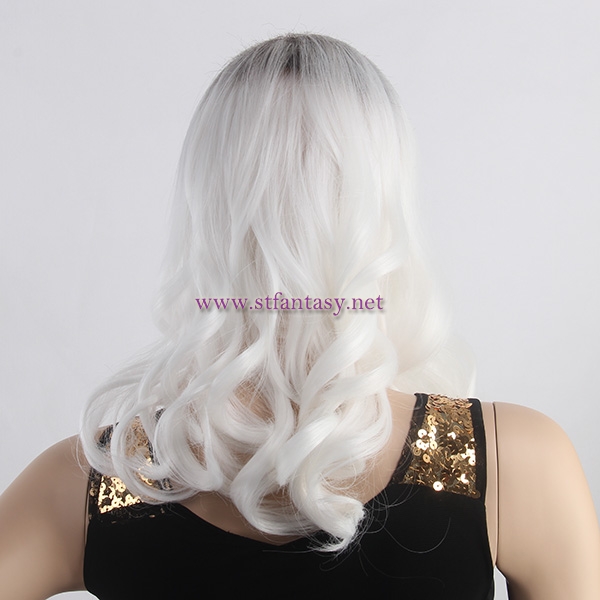 Quality Synthetic Wig Manufacturers China Dark Roots White Curly Long Side Bang Wig For White Women