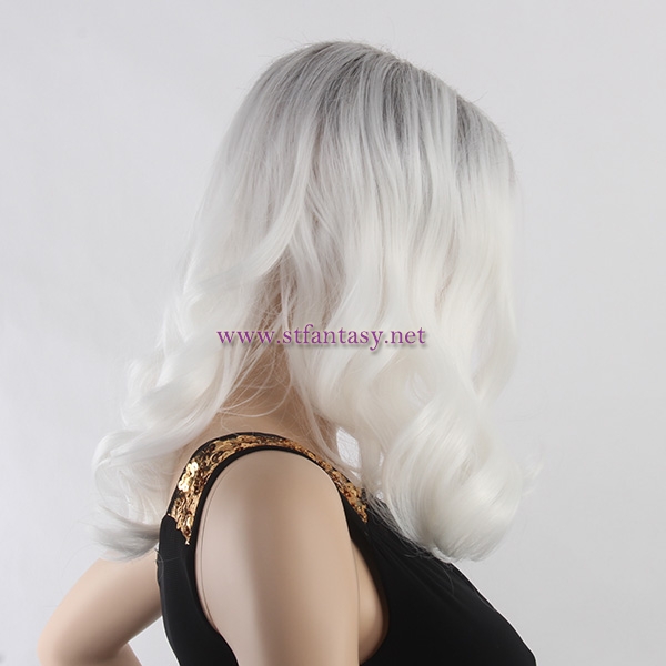 Quality Synthetic Wig Manufacturers China Dark Roots White Curly Long Side Bang Wig For White Women
