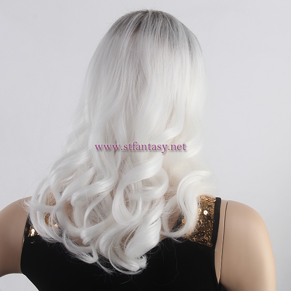 Quality Synthetic Wig Manufacturers China Dark Roots White Curly Long Side Bang Wig For White Women